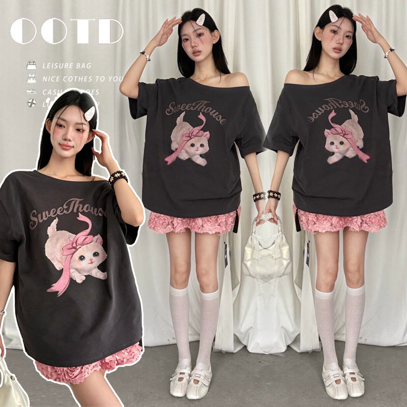 Maternity Wear Summer Sweet and Cool Cat Print One-Shoulder Loose Short-Sleeve T-Shirt + Skirt Two-Piece Set Maternity Wear Summer Sweet and Cool Cat Print One-Shoulder Loose Short-Sleeve T-Shirt + Skirt Two-Piece Set