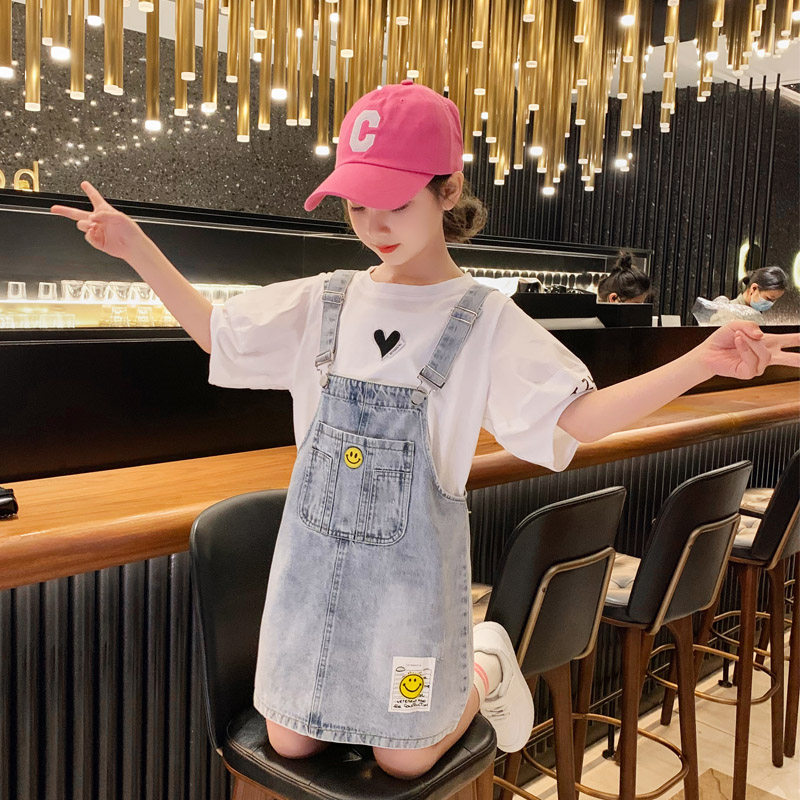 Girl Foreign Dress Denim Cuddling Bag Skirt Summer Dress Suit 2022 New Foreign Pie Korean Version Children's Skirt Summer Daddie