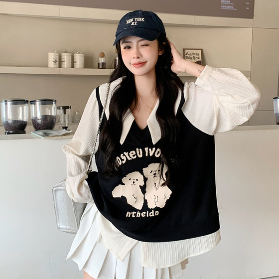 UU安娜新款大码女装夏装上衣假两件印花衬衫减龄学院风春夏季上衣