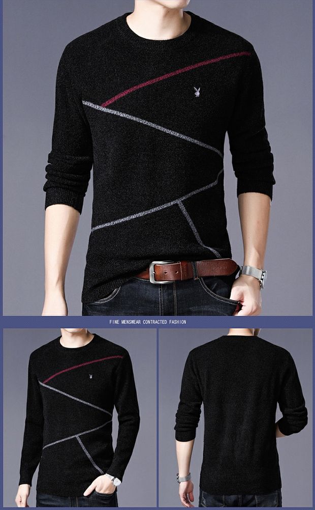 Áo len mùa đông nam trung niên cổ tròn sọc đan đan đáy áo mùa thu và áo len nam mùa đông cashmere áo len dày nam áo phao nam hàng hiệu