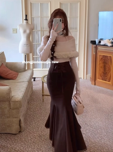 Японский милый бархатный свитер, комплект, открытые плечи, рыбий хвост