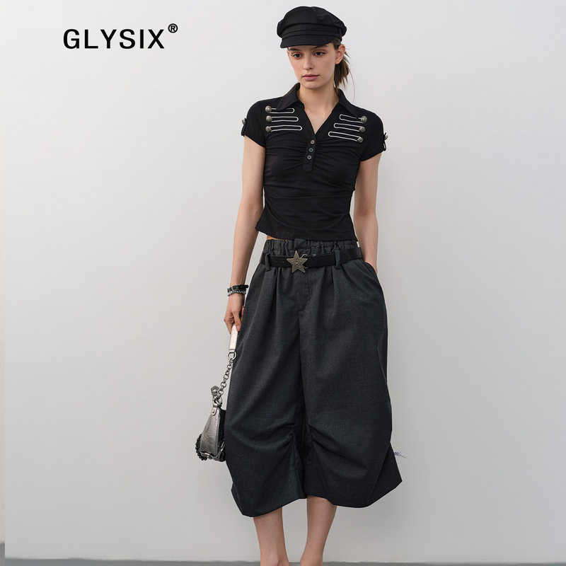 Glysix Relaxed Mid-Waist Wide-Leg Balloon Pants for Women, Draped Loose Design Casual Pants