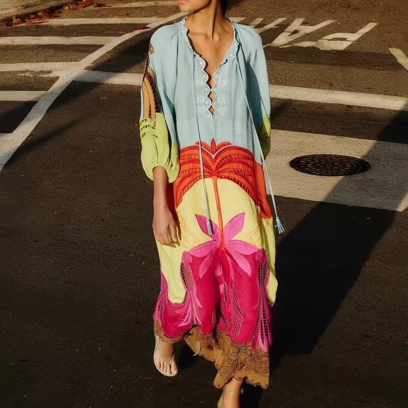 Farm Rio Heavy-Duty, Ultra-Beautiful, Fully Embroidered Linen and Viscose Fiber Dress with a Luxurious Vacation Feel