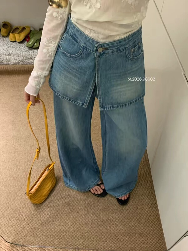 Br Spring 98602 New High-Waisted Detachable Flap Two-Piece Wide-Leg Jeans for Women, Fashionable Casual Long Pants