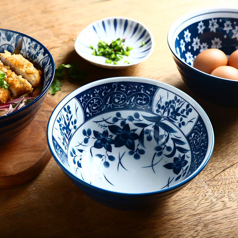 Pull a rainbow such use creative household under glaze color porcelain tableware mixing bowl Japanese blue flower salad bowl 7 inches soup bowl