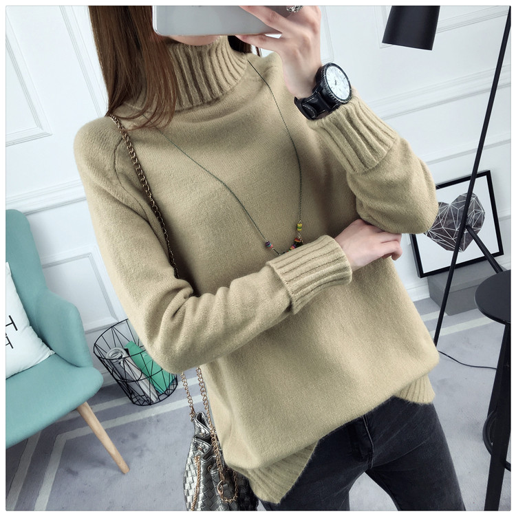 Phụ nữ mùa thu và áo len cổ cao mới thả lỏng phiên bản Hàn Quốc của bộ áo len hoang dã dày áo sơ mi nữ dài tay áo khoác len cho phụ nữ trung niên