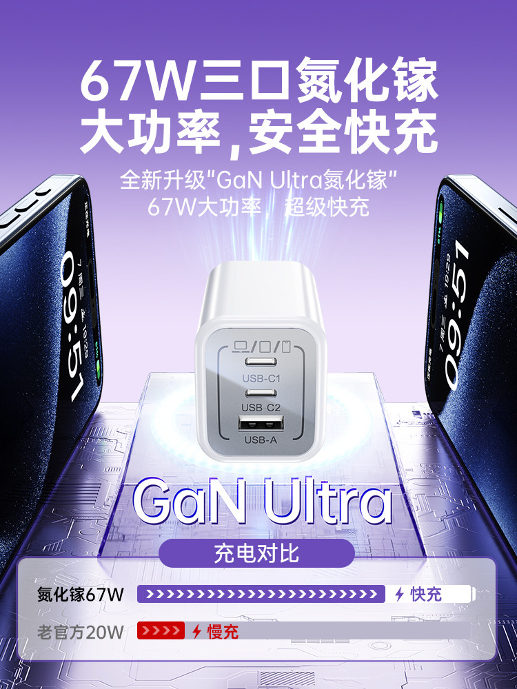 [67W Gan Three-Port Fast Charger]Bs Compatible with Apple 17 Pro Max Phone iPhone 16 Multi-Port Charger Head MacBook Laptop iPad Pro Tablet Interface Type-C