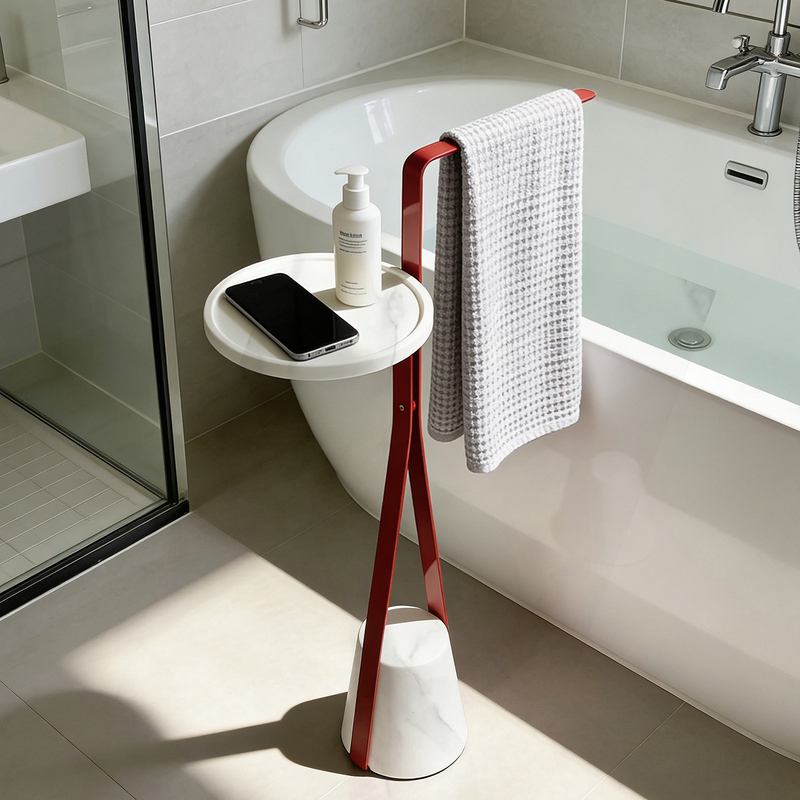 Marble Bathtub Shelf Bathroom Side Table Toilet Towel Rack No-Drill Minimalist Floor-Standing Towel Rack