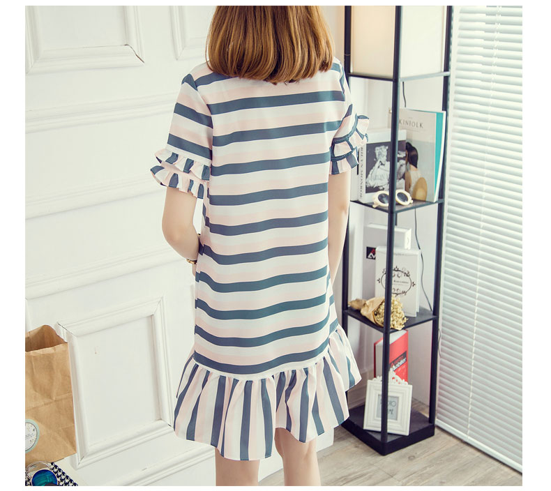 Amano Màu Xanh 2016 Mùa Hè Mới Hàn Quốc Ngọt Lady Leaf Đuốc Tay Áo Sọc Dài Loose Dress