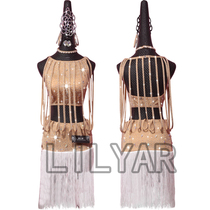 Latin dance complexion chain competition costume performance costume nude full body flash Diamond striped skirt new split