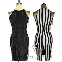 New custom Latin dance competition clothes performance clothes dress bead tube petassel dress black stripes thin