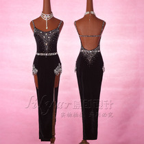 Li Liya new Latin dance competition uniform black velvet high open fork embroidered dance dress performance clothing flash Diamond