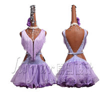 Latin dance youth female childrens competition costume performance clothing dance skirt hollow light purple tassel pleated skirt