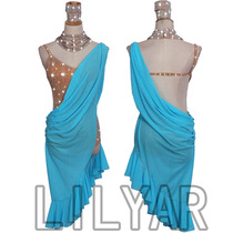 Latin dance competition costume costume costume skin color lake blue cast dance costume full body diamond decoration custom less children