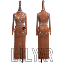 New Latin dance competition suit full body full of drill bead tube tassel performance costume skin color slim long dance skirt