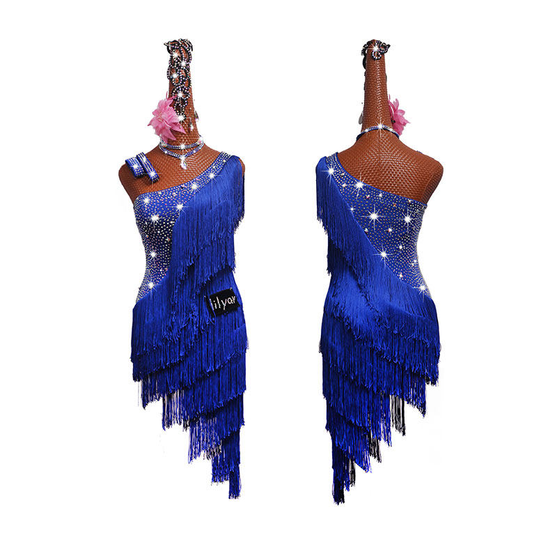 Jiahuixin Latin dance competition costume performance costume performance costume dance skirt adult female slanted shoulder sapphire blue fringed skirt super bright diamond