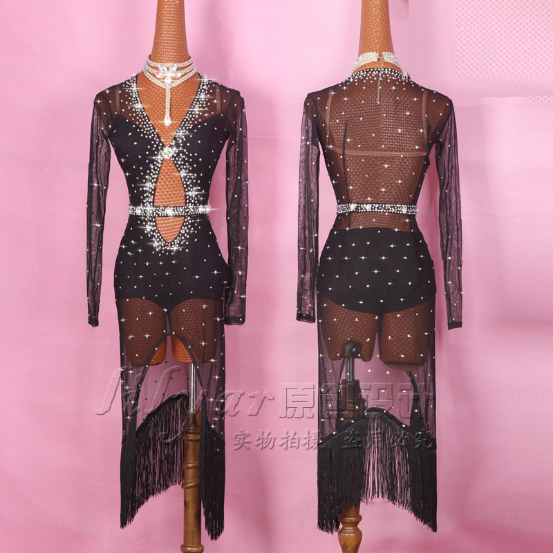 Latin Dance Outfit Women Adult Sexy Race Suit Performance Suit Dance Suit Red Black Elastic Mesh Hollowed-out Glitter