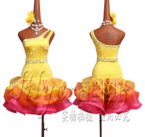 New Latin dance competition suit adult female childrens performance suit yellow oblique shoulder Fishbone skirt asymptotic color