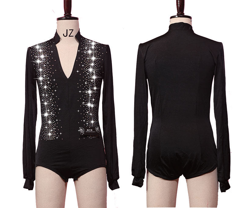 Latin dance suit Men's top Shirt T-shirt competition suit Performance suit Black V-neck long sleeve Rhinestone shiny section