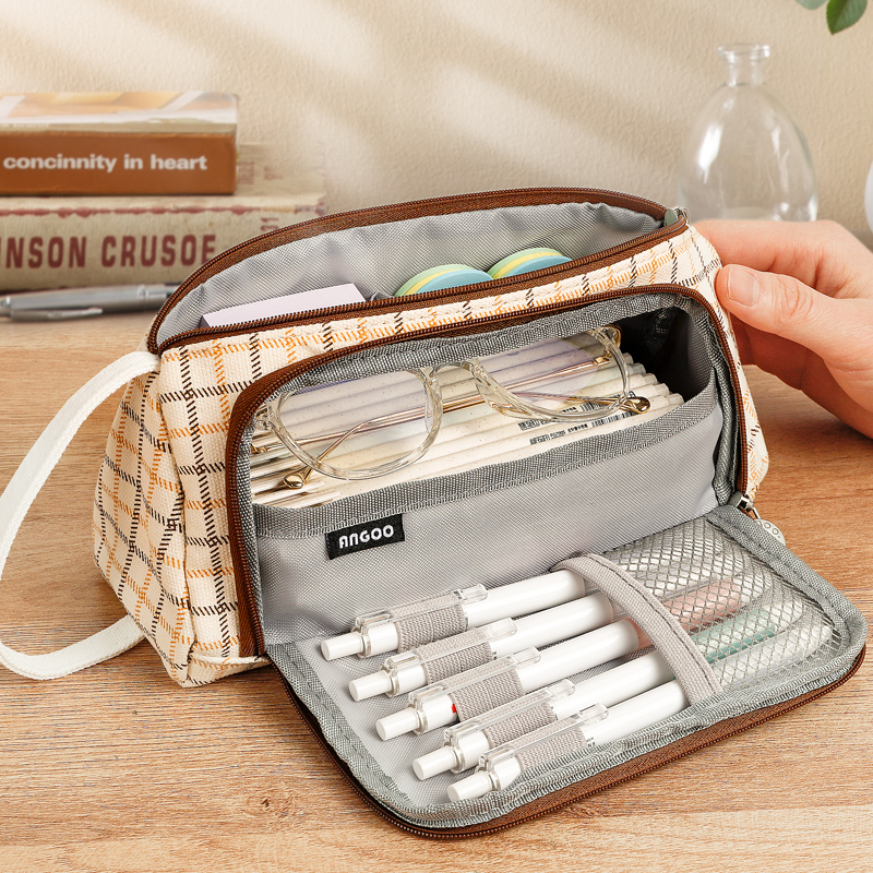 Large Capacity Pen Bag Brief Female Day Series Ins Tide Junior High School Students High School Students Korean Version Cute Adolescent Girls Pencil Pencil Case Canvas Middle School Students High Face Value Day Style Double Layer Pencil Bag Netting Red