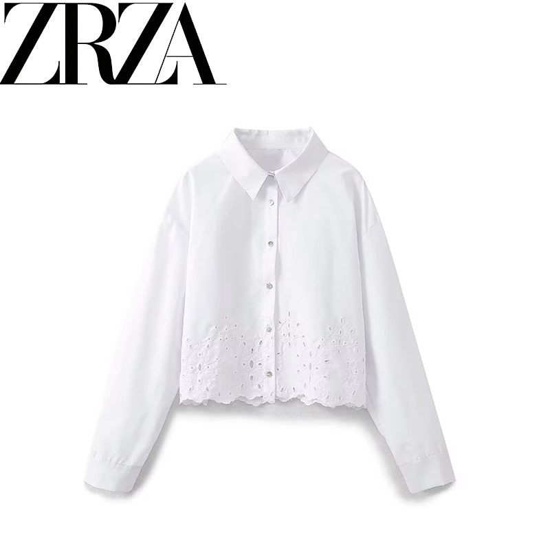 Za European and American Foreign Trade Women's Clothing Zr Summer New European and American Style Fashion Simple Casual Hollow Embroidery Short Shirt