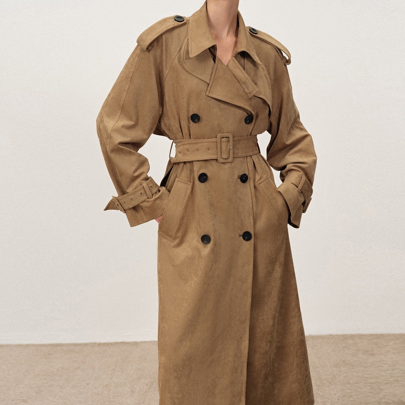[Same Style as Zhu Zhu] Women's Warm Sand-Colored Faux Suede Waist-Cinching Long Trench Coat New Model