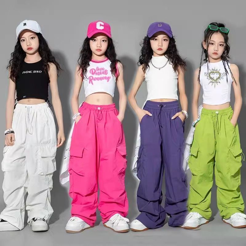 Girls' Casual Summer Outfit, Trendy Short-Sleeved Hip-Hop Cargo Pants for Young and Older Children