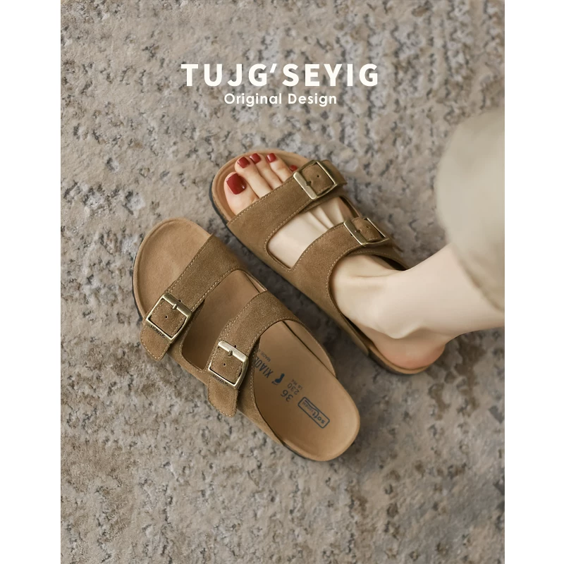 Сандалии Birkenstock из натуральной кожи для женщин, летняя верхняя одежда, с толстой подошвой, рыбацкие Birkenstock, полупрезентационные тапочки, плоские, большого размера, женские сандалии 41–43