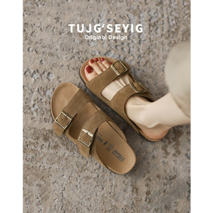 Сандалии Birkenstock из натуральной кожи для женщин, летняя верхняя одежда, с толстой подошвой, рыбацкие Birkenstock, полупрезентационные тапочки, плоские, большого размера, женские сандалии 41–43