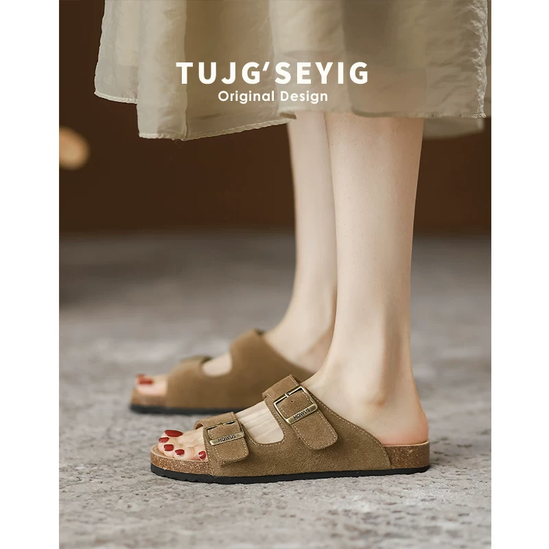 Сандалии Birkenstock из натуральной кожи для женщин, летняя верхняя одежда, с толстой подошвой, рыбацкие Birkenstock, полупрезентационные тапочки, плоские, большого размера, женские сандалии 41–43