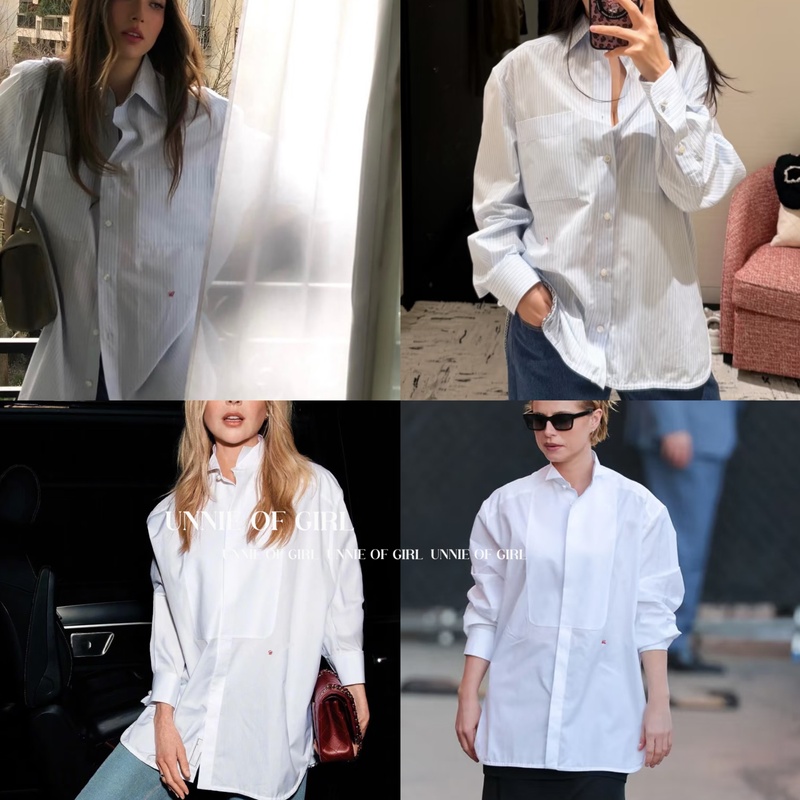 Unnie of Girl Show Style~ Gu Ailing's Same Style Mid-Length Striped Letter Embroidered Chain-Trimmed White Shirt