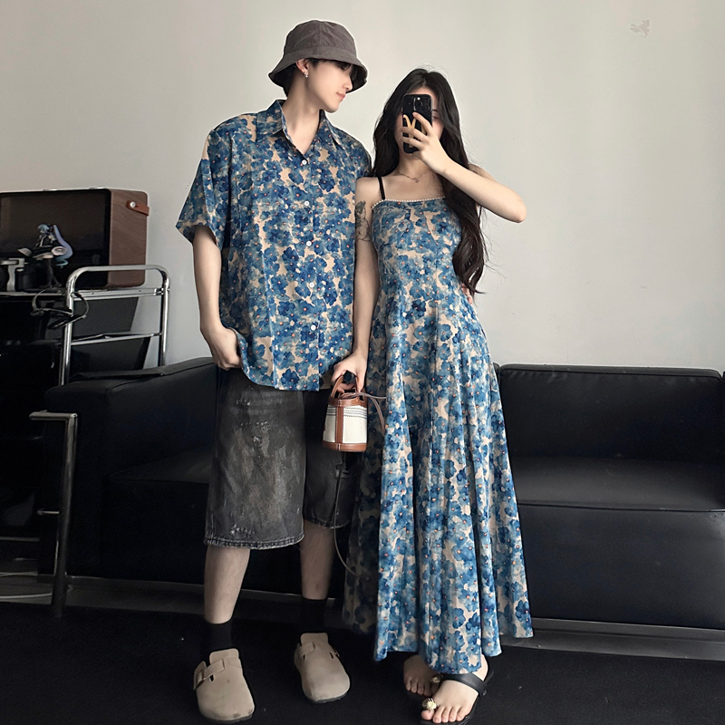 Couple Outfits: Summer Short-Sleeved Shirts for Men, Beach Vacation Style Floral Long Skirts for Women, French-Style Dresses, One Shirt and One Skirt, Trendy Couple Outfits: Summer Short-Sleeved Shirts for Men, Beach Vacation Style Floral Long Skirts for Women, French-Style Dresses, One Shirt and One Skirt, Trendy