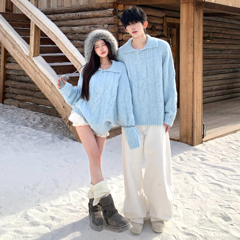 Korean-Style Blue Fluffy Lazy-Style Collared Sweater for Men and Women, Couple Wear, Autumn and Winter Loose Versatile Knitwear Trend