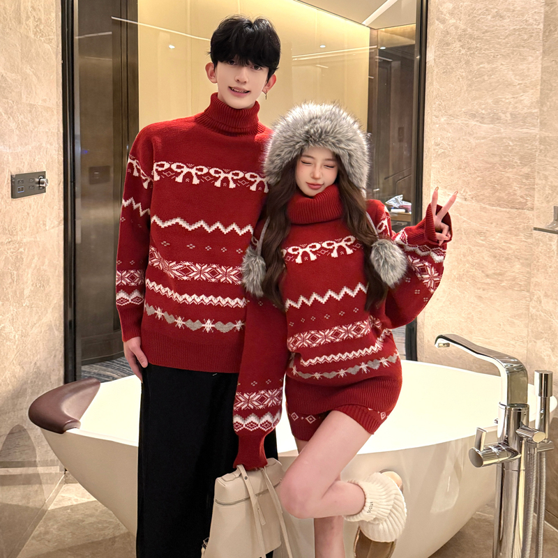 New Year's Christmas Fair Isle Turtleneck Sweater for Men and Women, Couple Outfit, Autumn and Winter Loose Knit Top and Shorts Set New Year's Christmas Fair Isle Turtleneck Sweater for Men and Women, Couple Outfit, Autumn and Winter Loose Knit Top and Shorts Set