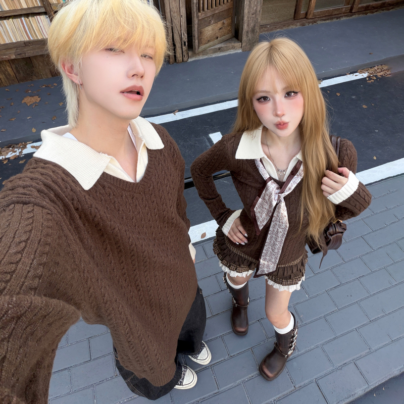 Korean-Style Design Polo Collar Fake Two-Piece Knitwear for Men and Women Couple Wear 2026 Autumn Unique Regular Shoulder Cable Knit Sweater