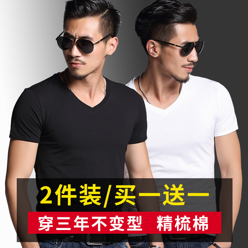 【2点】半袖メンズTシャツ、ハーフスリーブVネック、タイトフィット、無地、ブラック、ベースレイヤー、純綿、ハートネックTシャツ