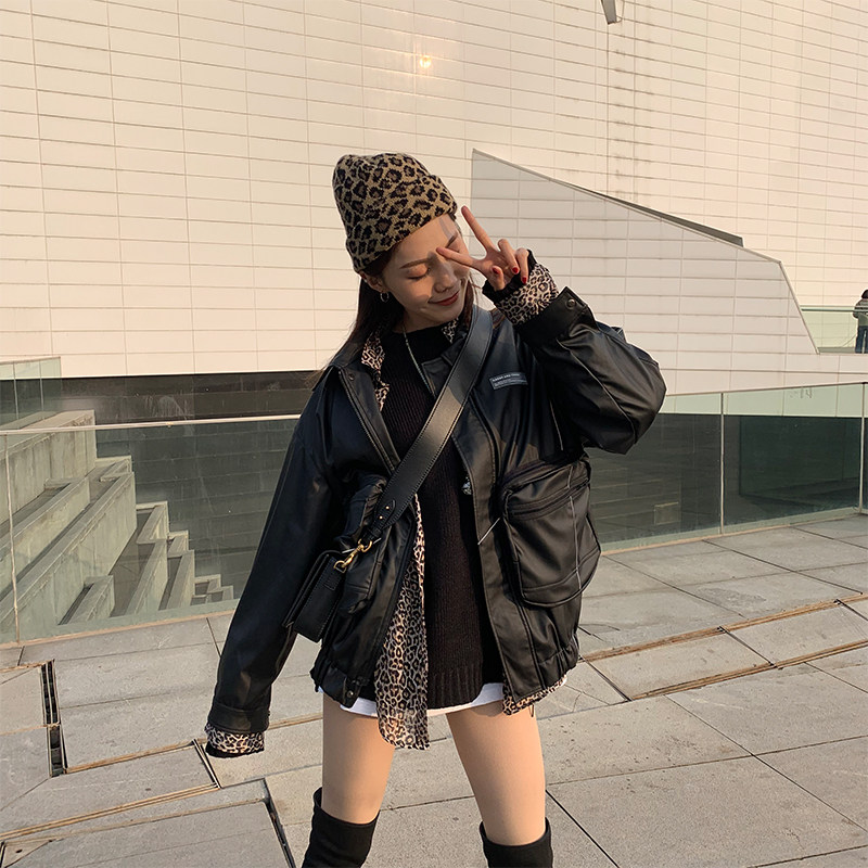 harsh and cruel profile pu leather reflective strip vintage style zipper large pocket printed leather coat