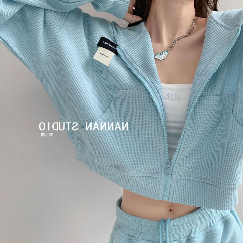 Loose Hooded Sweatshirt for Women, Long-Sleeved Waffle Running Yoga Fitness Sports Jacket, Zip-Up Top, Short Style New
