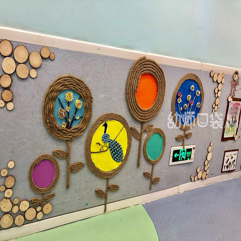 Kindergarten wall decoration classroom corridor hanging hanging colorful hemp rope wood wall decoration ring create theme wall DIY