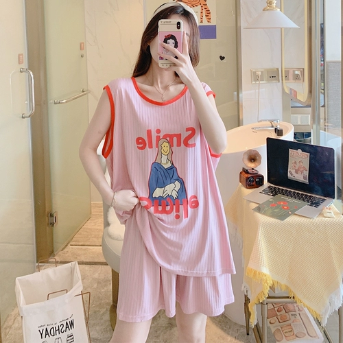 Летняя пижама, жилет без рукавов, шелковый тонкий хлопковый комплект, большой размер