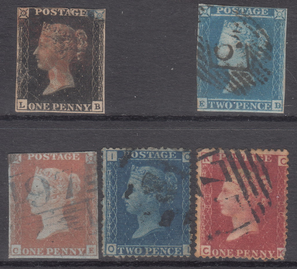 Classic British Stamps-Black Pennies, Blue Pennies, Red Pennies, Old Stamps, 5 full Patched stamps  