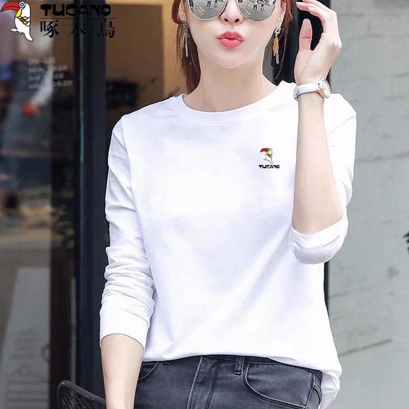 Woodpecker Brand Solid White Long-Sleeve T-Shirt for Women, 2026 Spring and Autumn New Round-Neck Top, Loose T-Shirt Base Layer