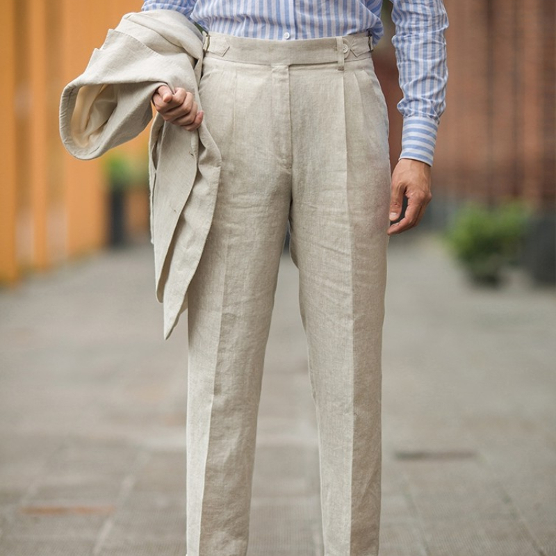 Vintage Men's Trousers for Spring and Summer, Thin and Breathable, Double Pleated, Loose Straight-Leg, Mid-Waist, Naples Linen Casual Cropped Pants