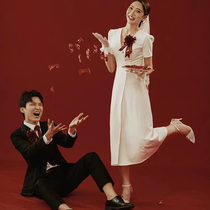 Satin light wedding dress French style minimalist retro wind collar certificate Little white dress small Engagement Register Small Gown Dress dress