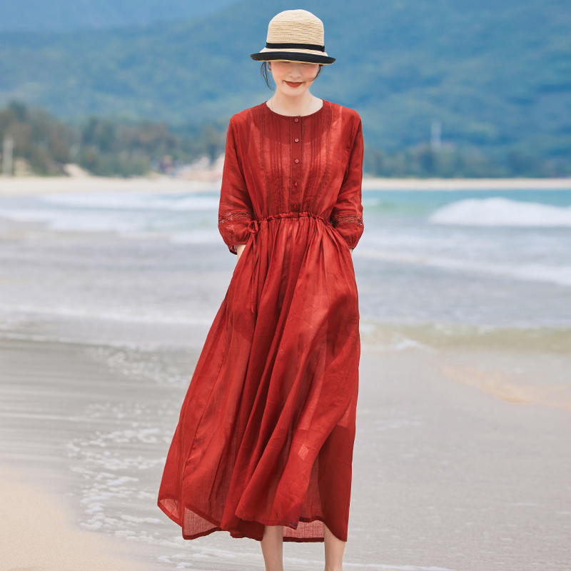 High-End Red Ramie Dress 2026 New Style Women's Summer Elegant Artistic Retro Cotton-Linen Long Skirt with Large Hem Thin Style High-End Red Ramie Dress 2026 New Style Women's Summer Elegant Artistic Retro Cotton-Linen Long Skirt with Large Hem Thin Style