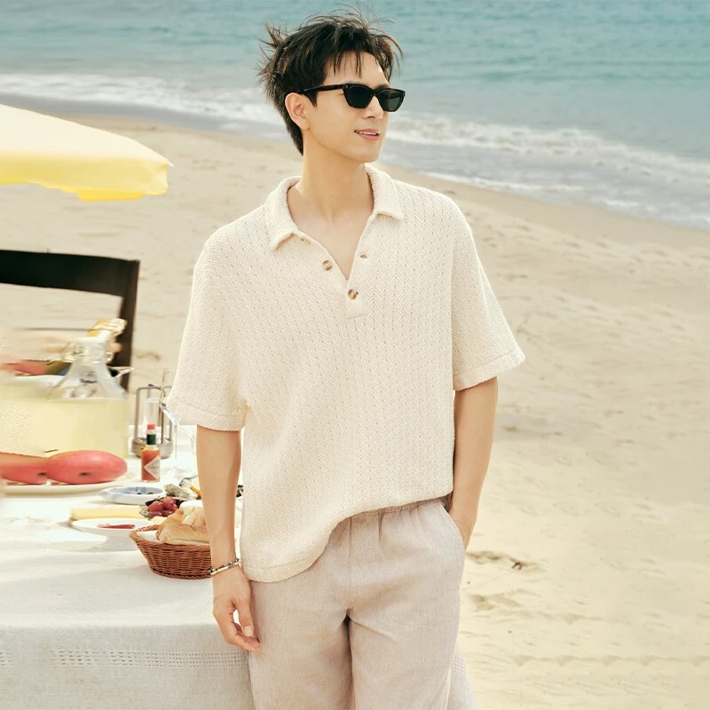 [Same Style as Li Xian] American-Style High-End Seaside Resort Style Knitted Short-Sleeved Polo Shirt for Men in Summer