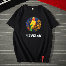 Guochao China Wind Mens Clothing Parrot Embroidery T-shirt Man Loose Big Code Fat Son Half Sleeve Trend Short Sleeve T-Shirt Male Summer