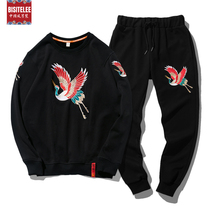 New crane embroidery national tide Chinese style mens suit plus velvet loose round neck sleeve national tide two-piece set