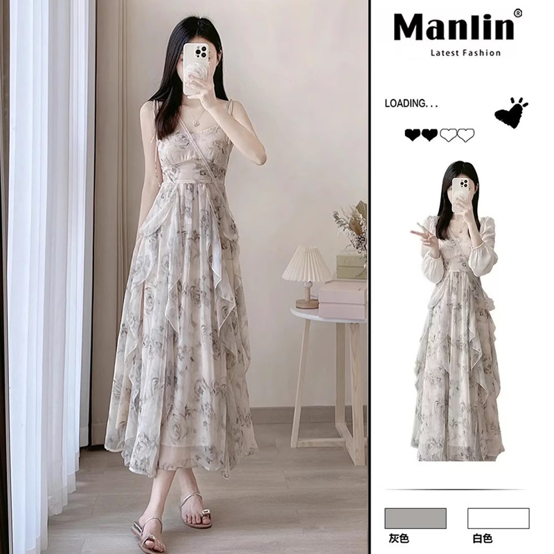 French Ruffled Floral Chiffon Suspender Dress Summer 2026 New Style High-End Gentle Fairy Long Dress