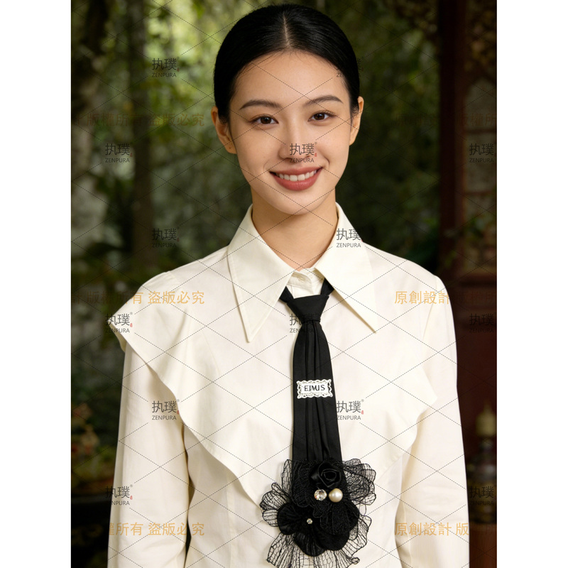 Zhipu Original Black Mesh Flower Tie, Handmade Lace Pearl Decoration, Sweet and Cool Style Niche Shirt Accessory